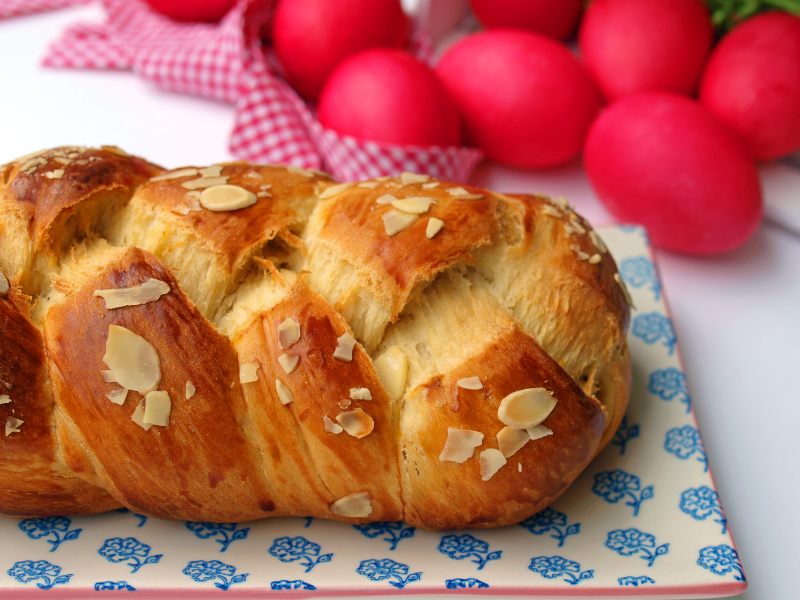 traditional easter bread and red eggs