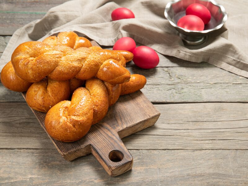 traditional easter bread and red eggs