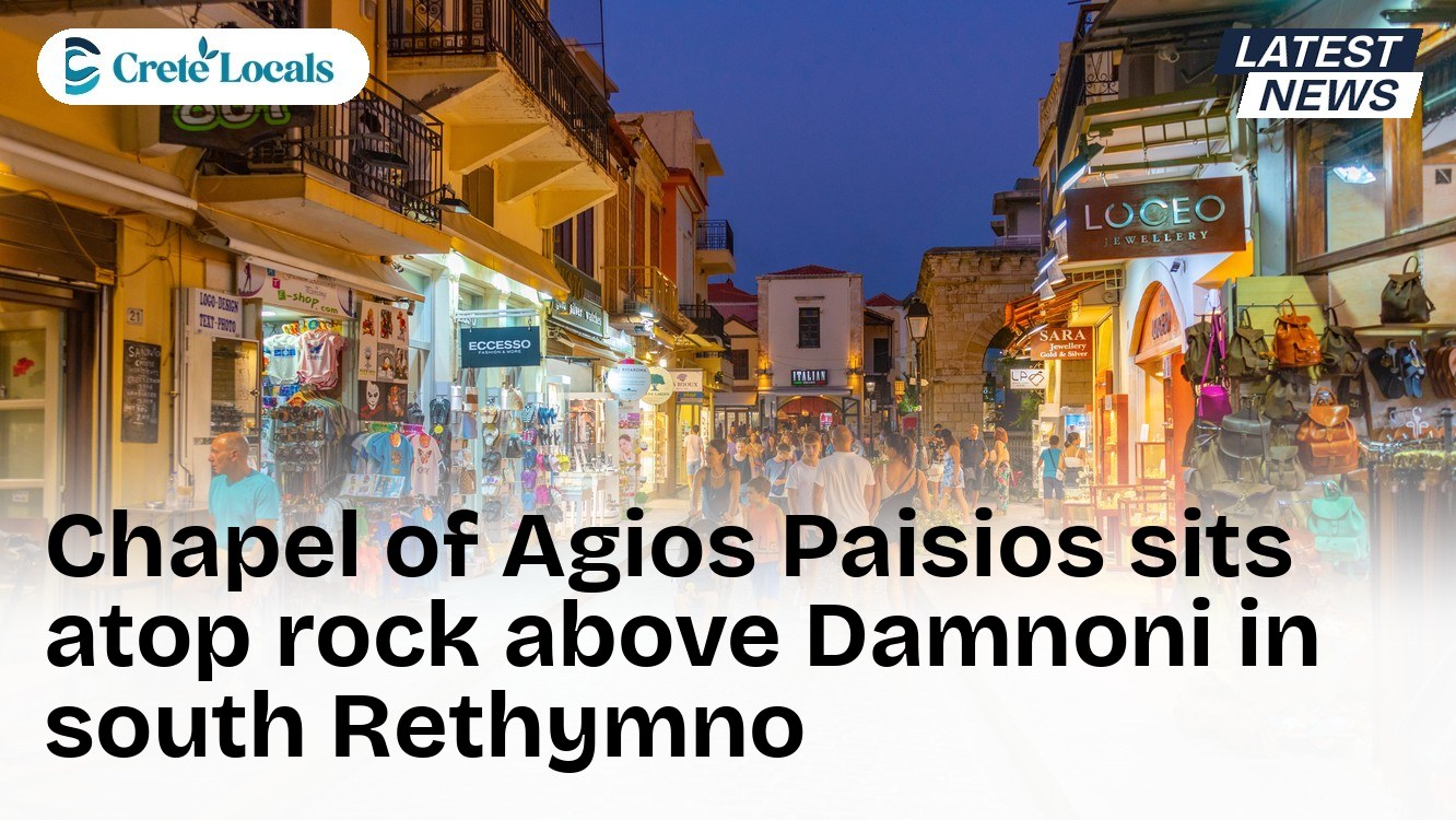 Chapel of Agios Paisios sits atop rock above Damnoni in south Rethymno